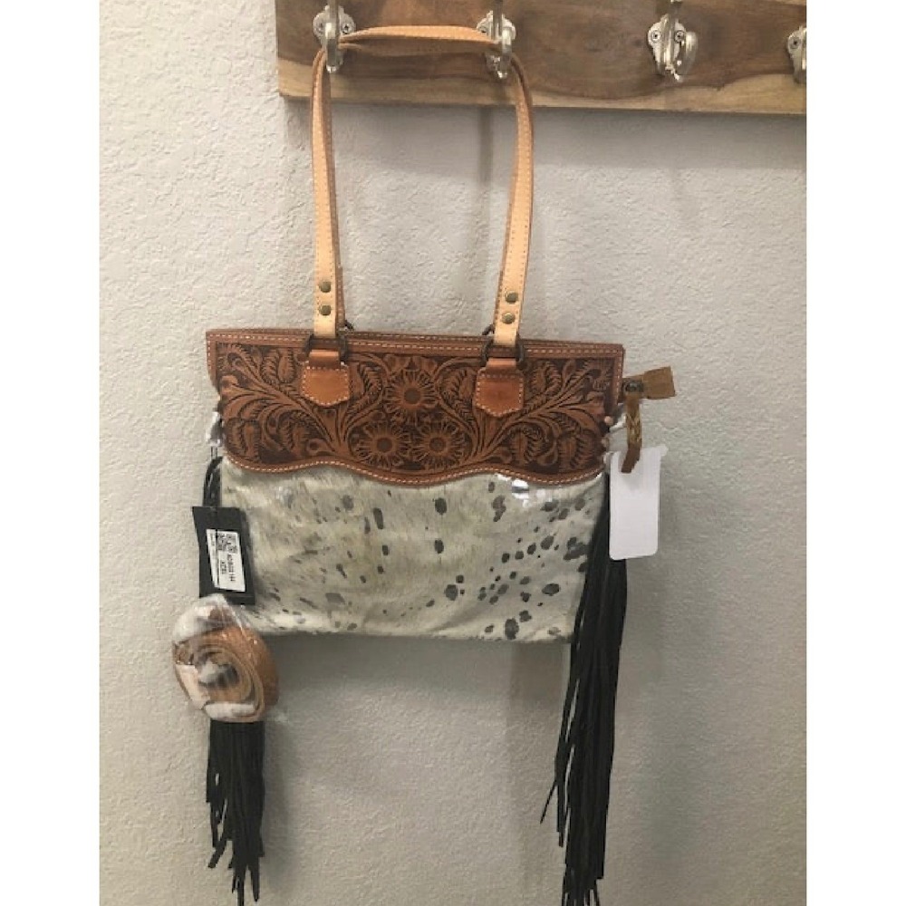 American Darling Purse New Acid Silver Wash Leather Cowhide Embossed Fringe